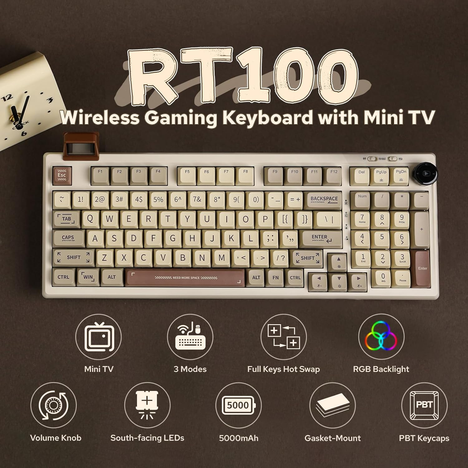 EPOMAKER RT100 Retro Gaming Keyboard with Display Screen, BT5.0/2.4G/USB-C, 97 Keys Gasket Custom Keyboard, Hot Swappable, RGB Backlit, with Knob for Win/Mac