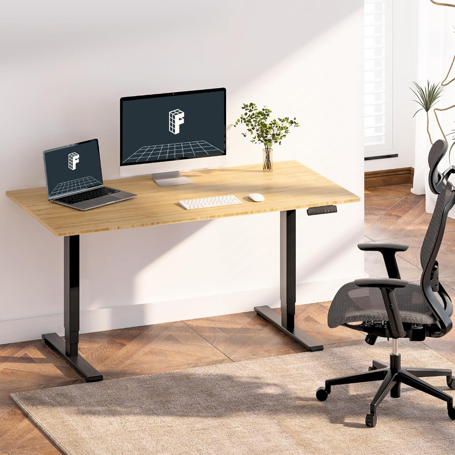 FlexiSpot E6 Bamboo 3-Stage Dual Motor Electric Standing Desk 55 x 28 Sit Stand Up Desk, Holds 220 lbs, Adjustable Height w/ Memory Presets, Solid Bamboo Desktop & Black Frame, Ships in 2 Boxes